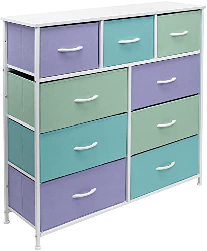 Sorbus Kids Dresser with 9 Drawers  Furniture Storage Chest Tower Unit for Bedroom Hallway Closet Office Organization  Steel Frame Wood Top Tiedye Fabric Bins Aqua Solid