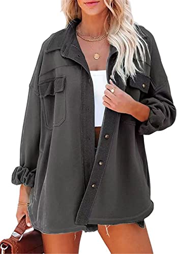 Urban Virgin Womens Oversized Shacket Jacket with Pockets Boyfriend Style Long Sleeve Button Down Shirts Blouse