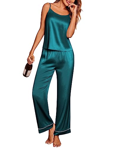 Ekouaer Women Satin Pajamas Sexy Silk Sleevless Pjs Set Summer Soft Camisole Tops and Pants Sleepwear with Pockets SXXL