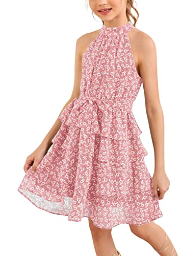 Imily Bela Girls Floral Ruffle Dress Halter Neck Kids Chiffon Summer Party Dress with Belt