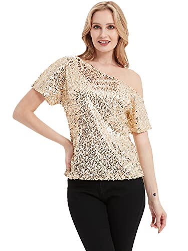 Womens ShortSleeve OneShoulder Sexy Sequin Blouse by AnnaKaci