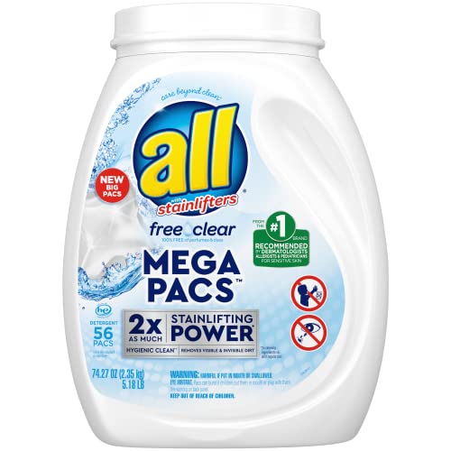 all Mega Pacs Laundry Detergent Pacs Free Clear for Sensitive Skin Unscented and Dye Free 56 Count