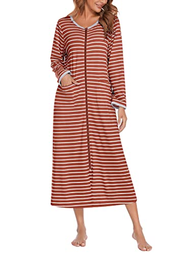 Ekouaer Women Long House Coat Zipper Front Robes Full Length Nightgowns with Pockets Striped Loungewear S4XL