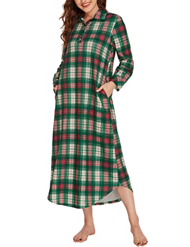 Ekouaer Women39s Cotton Nightgown Long Sleeve Nightshirt Full Length Loungewear Plaid Sleepwear With Pockets