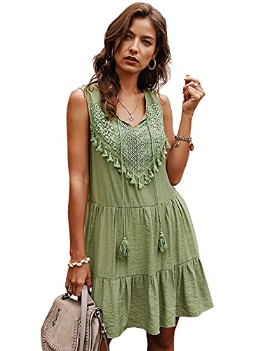 AnnaKaci Women Vintage Babydoll Lace VNeck Sleeveless Solid Mini Swing Dress