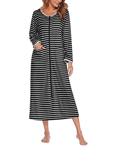 Ekouaer Women Long House Coat Zipper Front Robes Full Length Nightgowns with Pockets Striped Loungewear S4XL