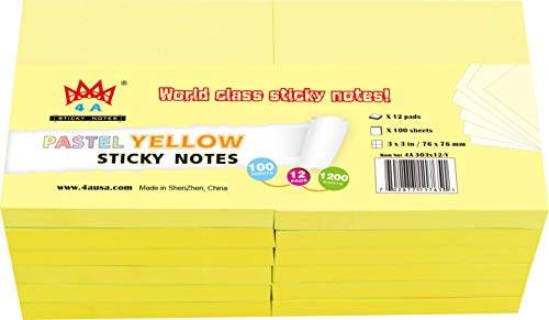 4A Sticky Notes3 x 3 InchesCanary YellowSelfStick Notes100 SheetsPad12 PadsPack4A 303x12Y