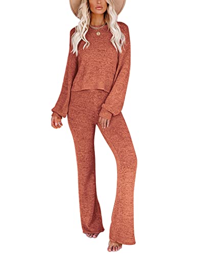 Ekouaer Women 2 Piece Knit Sets Cozy Off Shoulder Sweater Loungewear Outfits Long Sleeve Wide Leg Pants Pajamas