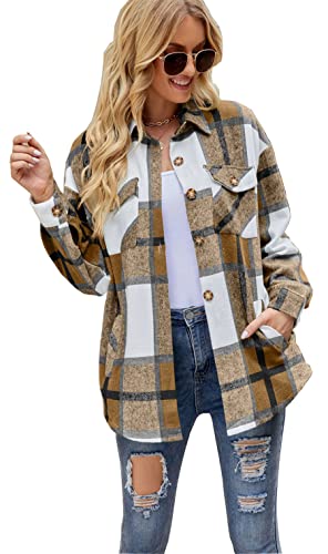 Urban Virgin Women39s Brushed Plaid Shirts Long Sleeve Flannel Lapel Button Down Pocketed Shacket Jacket Coats