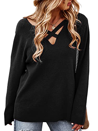 AnnaKaci Women39s VNeck Long Sleeve Sweater Criss Cross Neck Loose Fit Knit Pullover