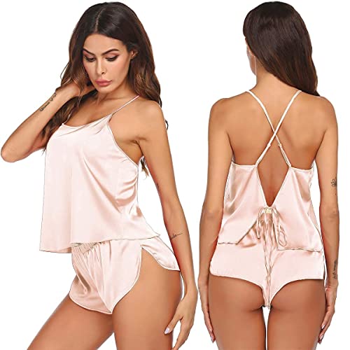 Ekouaer Pajamas Set Sexy Women Satin Sleepwear Lingerie 2 Piece Silk Pjs Cami top and Shorts Sleep Camisole Nightwear Gift