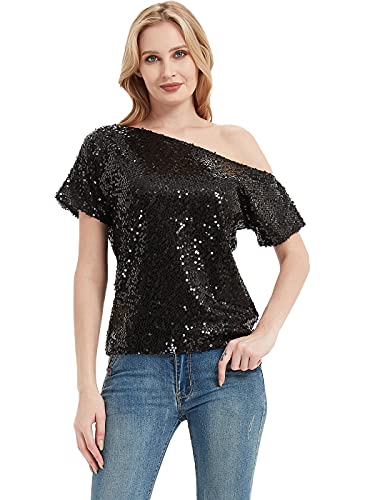 Womens ShortSleeve OneShoulder Sexy Sequin Blouse by AnnaKaci