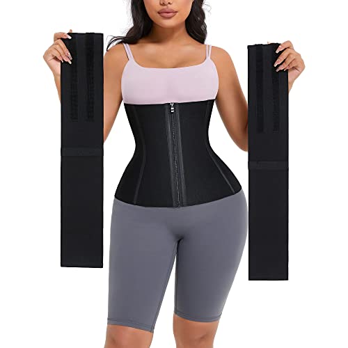 FeelinGirl Waist Trainer for Women Adjustable Underbust Corsets Latex Body Shaper 9 Steel Bones 3 Rows for Hooks and Pocket