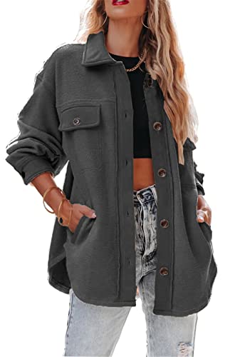 Urban Virgin Womens Causal Button Down Long Sleeve Shacket Jacket Sherpa Breasted Trench Oversized Lapel Coat