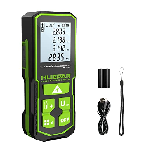 Huepar Laser Distance Measure 328Ft with Rechargeable BatteryDual Angle Display Laser Measure MinFt with Mute Function  MultiMeasurement Modes Pythagorean Distance Area  Volume S100