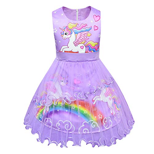 Dressy Daisy Girls Rainbow Unicorn Pony Birthday Party Fancy Costume Tulle Dress Summer Clothes Pink Purple