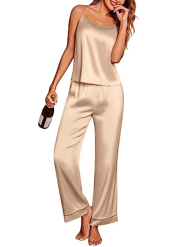 Ekouaer Women Satin Pajamas Sexy Silk Sleevless Pjs Set Summer Soft Camisole Tops and Pants Sleepwear with Pockets SXXL