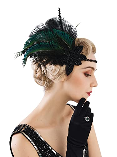 SWEETV 1920s Flapper Headband Rhinestone Feather Roaring 20s Great Gatsby Headpiece Hair Accessories for WomenBlack