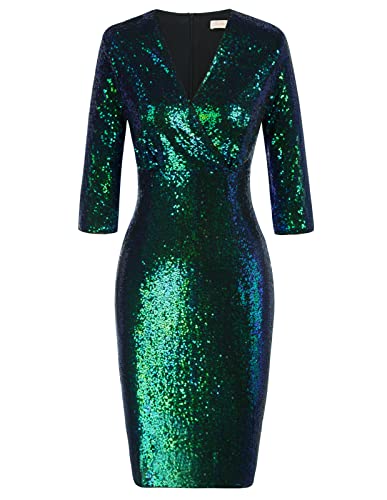 Belle Poque Vintage 50s Sequin Pencil Dress V Neck Glitter Dresses for Women