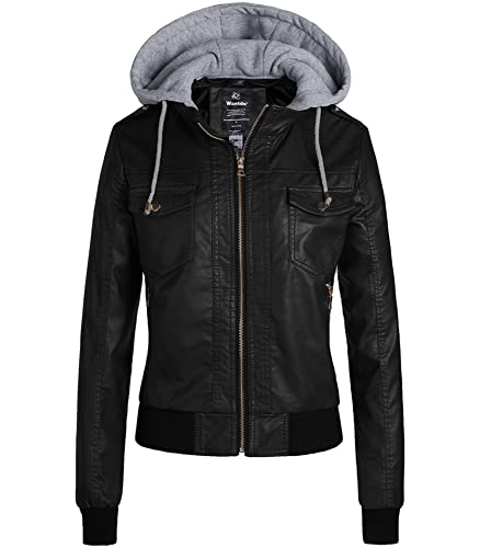 Wantdo Womens Slim Fit Motorcycle PU Leather Jacket with Detachable Hood