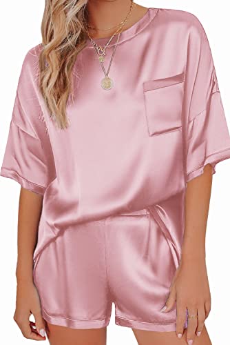 Ekouaer Satin Pajamas for Women Short Sleeve Silk Pajama Sets Soft Sleepwear Top with Causal Pj Shorts