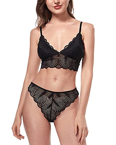 LINGERLOVE Bralette and Panty Sets for Women Flora Lace Lingerie Set Bra Crop Top with Removable Padded