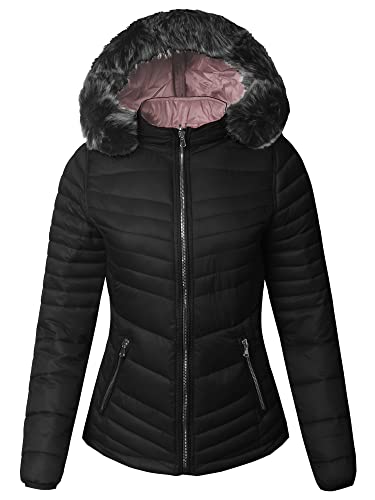 Women39s Quilted Puffer Jacket with Detachable Faux Fur Hood