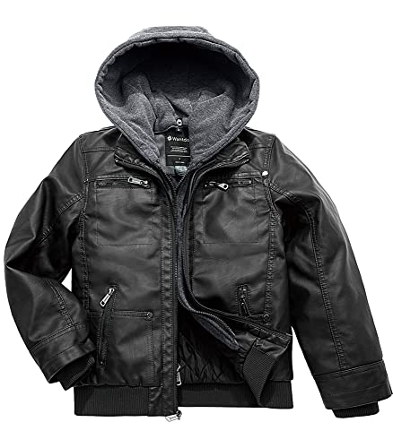 Wantdo Boy39s Faux Leather Jacket Zipper Up Hoodie Zipper Coat with Removable Hood