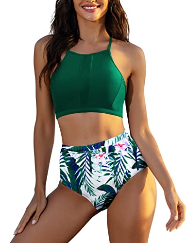 Ekouaer Women High Waisted Swimsuit Two Piece Bathing Suits Bikini Set Leaf Print Bikini