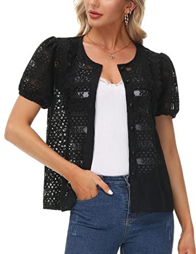 Belle Poque Women Short Sleeve Lace Cardigan Button Up Crochet Shrug Casual Lightweight Vintage Bolero Jackets