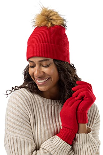 Fishers Finery Women39s 100 Cashmere Pom Hat and Glove Set with Gift Box