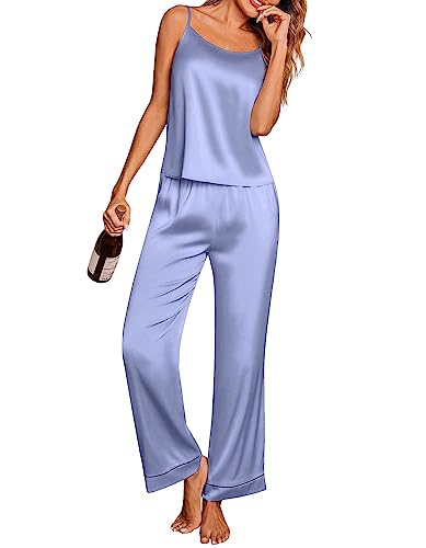 Ekouaer Women Satin Pajamas Sexy Silk Sleevless Pjs Set Summer Soft Camisole Tops and Pants Sleepwear with Pockets SXXL