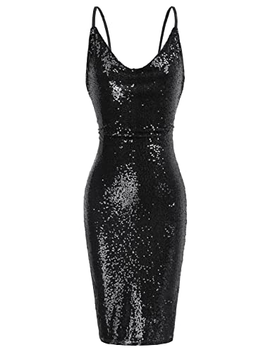 GRACE KARIN Women39s Sexy Sequin Sparkly Glitter Cowl Neck Dresses Spaghetti Straps Bodycon Midi Club Party Dress