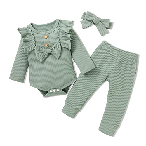 PATPAT 3Pcs Newborn Infant Baby Clothes 95 Cotton Ribbed Long Sleeve Ruffle Bowknot Romper and Pants with Headband Set