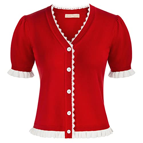 Belle Poque Women39s Short Sleeve Cardigan V Neck Button Sweater Vintage Elegant Cardigan with Lace Trim