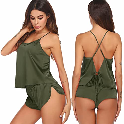 Ekouaer Pajamas Set Sexy Women Satin Sleepwear Lingerie 2 Piece Silk Pjs Cami top and Shorts Sleep Camisole Nightwear Gift