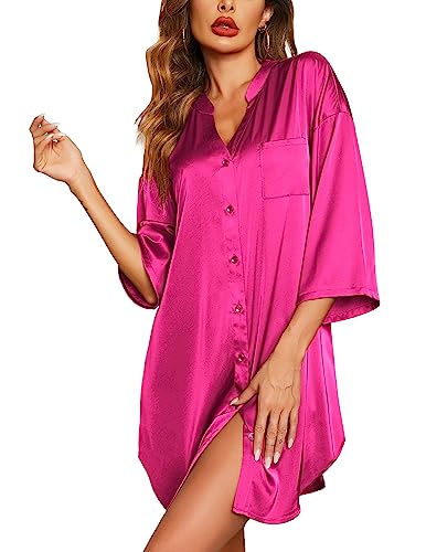 Ekouaer Satin Nightgowns for Women Silk Sleepwear Button Down Sleepshirt 34 Sleeve VNeck Nightshirts