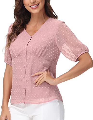 Belle Poque Swiss Dot Shirts Casual Chiffon V Neck Blouse for Women Short Sleeve Work Shirt Loose Blouses Top