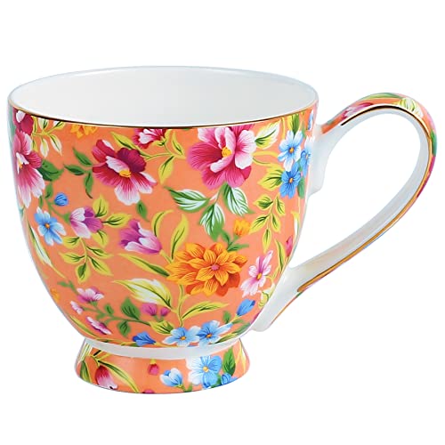 LanHong 16 oz Floral Mugs Bone Porcelain Coffee Tea Cup Cute Coffee Mug Gift for Friend Colleague Dad Mom