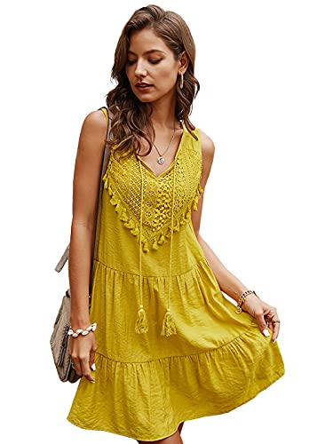 AnnaKaci Women Vintage Babydoll Lace VNeck Sleeveless Solid Mini Swing Dress