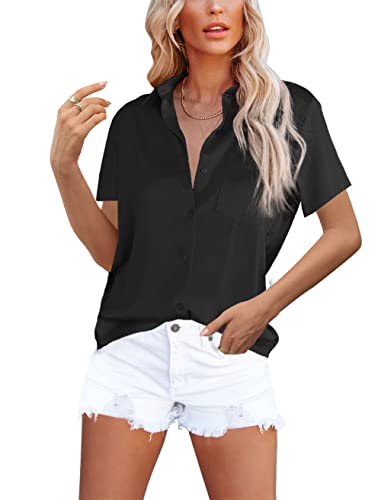 OMSJ Women39s Button Down Shirts Satin V Neck Long Sleeve Casual Work Blouse Tops with Pocket