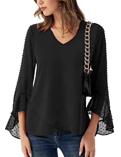 GRACE KARIN Women39s Chiffon Blouse Ruffle Swiss Dot V Neck Casual Pom Pom Shirts Loose Flowy Work Tops