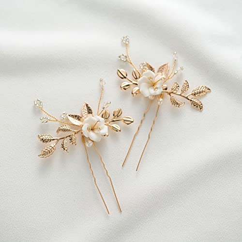 SWEETV 2Pcs Bridal Hair AccessoriesGold Wedding Hair Pins Pieces With White Flowers for Brides