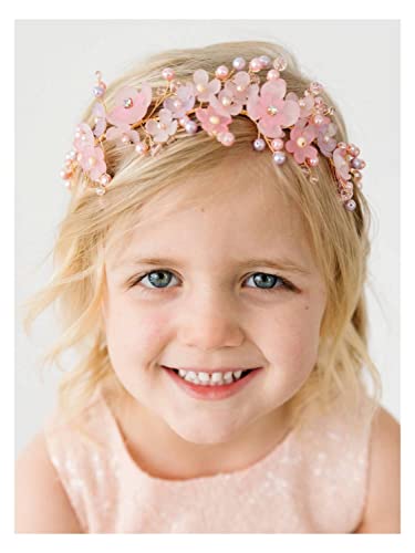 SWEETV Flower Girl Headpiece Pink Flower Crown for Girls Toddler Kids Wedding Headband Princess Hair Accessory for Birthday Party Photography