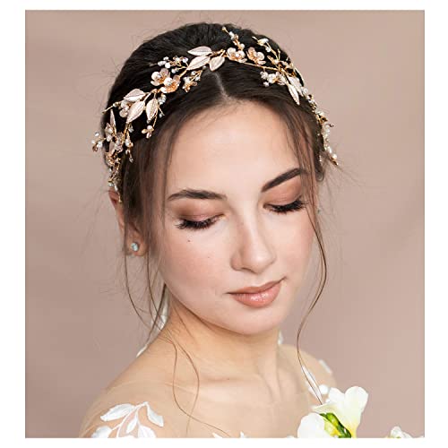 SWEETV Handmade Wedding Headpieces for Bride Hair Accessories FlowerLeaf Bridal Headband Rose Gold Wedding Hair Piece