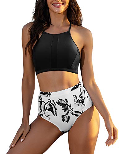 Ekouaer Women High Waisted Swimsuit Two Piece Bathing Suits Bikini Set Leaf Print Bikini