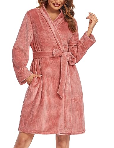 Ekouaer Women Fleece Bathrobe Plush Short Robe Long Sleeve Robe Attached Belt Soft Sleepwear Ladies Loungewear SXXL