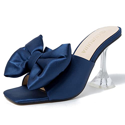 Women39s Square Toe High Heel Mule Sandals Bow Heel Sandals Comfortable Wedding bridal Party Dress Shoes Slide