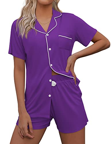 Ekouaer Pajamas Women Short Sleeve Sleepwear Button Down Loungewear Soft Summer Pjs Shorts Set