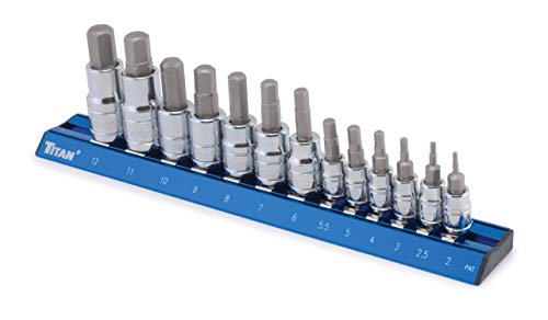 Magnetic Socket Holder with LaserEtched Size Markings 13Piece Metric Hex Bit Socket Set Titan 16124